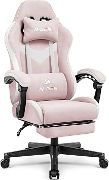 N-GEN GAMING Video Gaming Chair with Footrest Lumbar Support for Home Office High Back Recliner Height Adjustable Ergonomic Comfy Fabric Computer Desk Chair Pink
