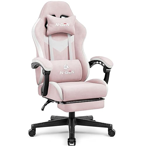 N-GEN GAMING Video Gaming Chair with Footrest Lumbar Support for Home Office High Back Recliner Height Adjustable Ergonomic Comfy Fabric Computer Desk Chair (Pink) - Fabric Pink - Textile