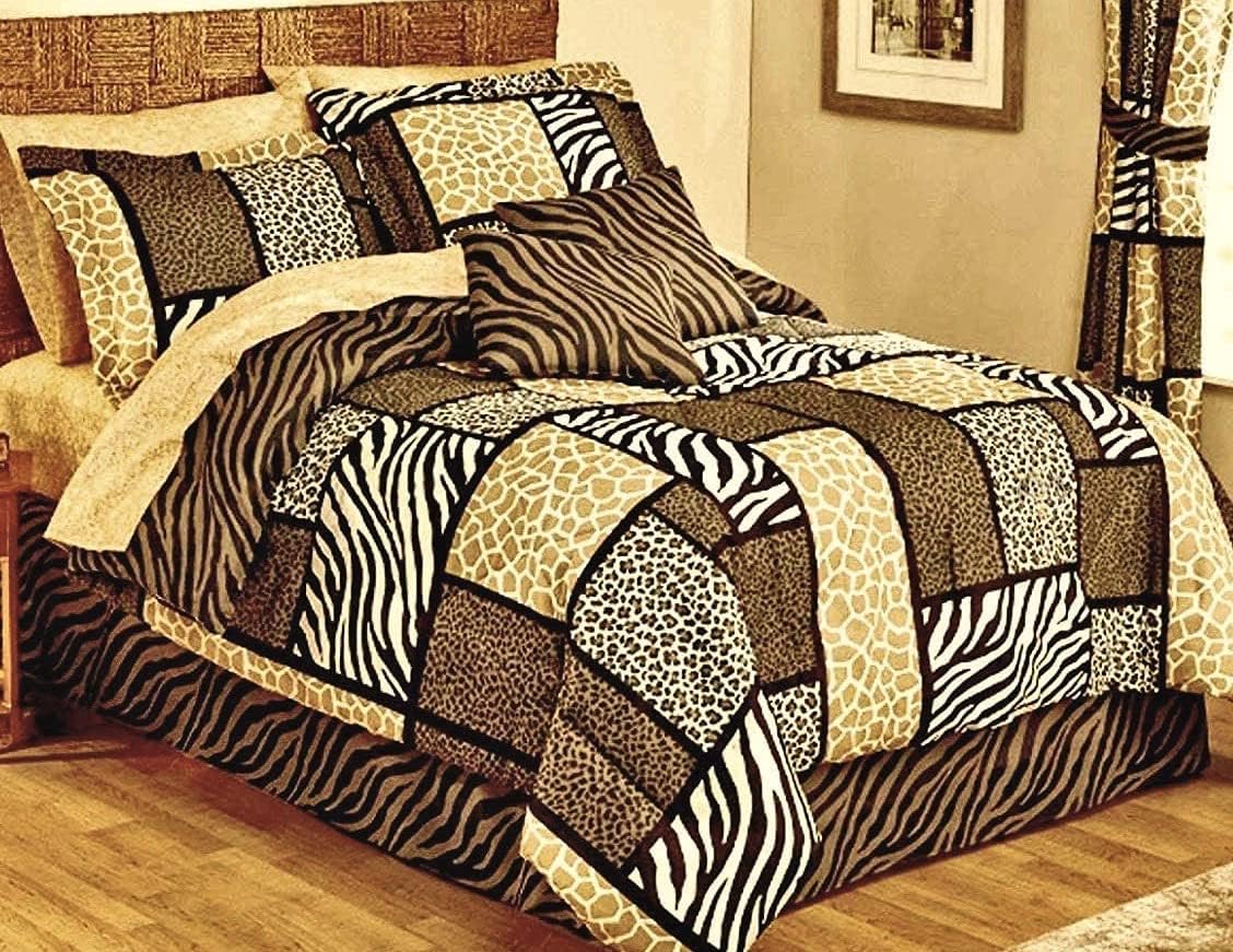 MMB Safari Zanzibar Patchwork Animal Print Reversible Comforter Set + Two TOSS Pillows! Zebra Stripe Giraffe Leopard Black Brown Tan Queen Size (86'' x 86'')