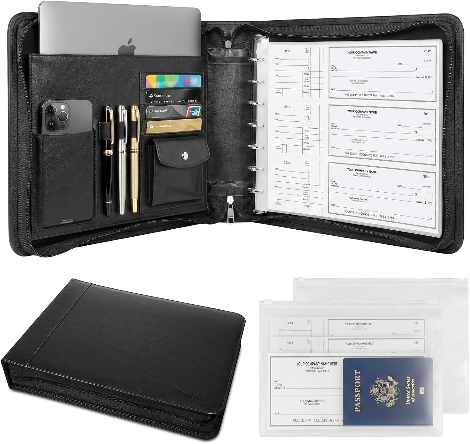 Toplive Zippered 7 Ring Business Checkbook Binder Extra-Large, 2Pack 7-Hole Pouch, 600 Checks Capacity, PU Leather Check Book Binder Cover with Multi-Pocket Design for Office & Business Use, Black