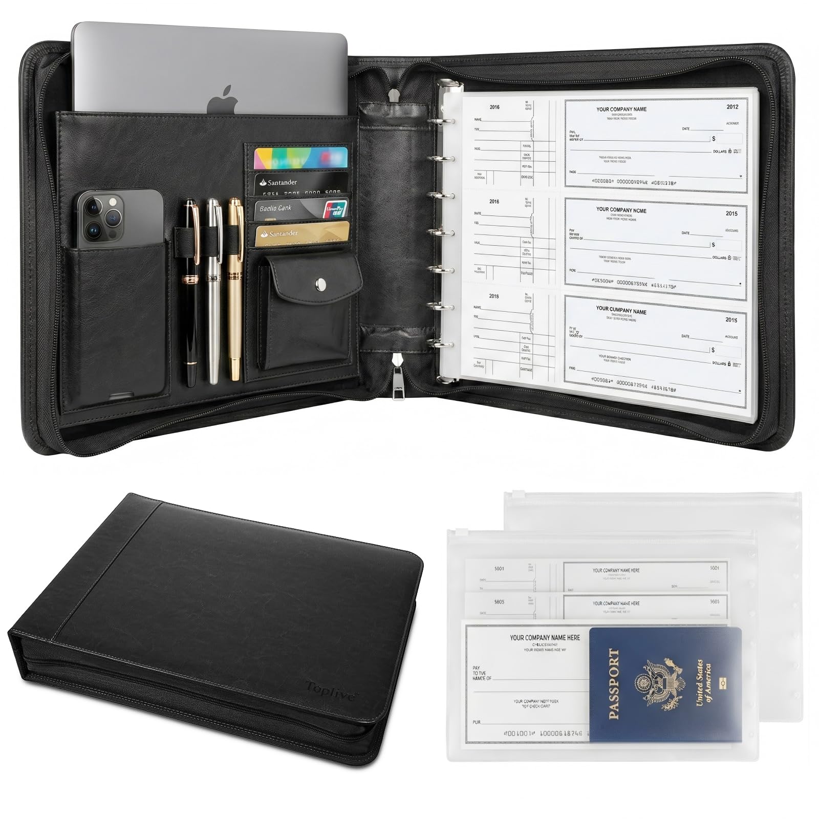 Toplive Zippered 7 Ring Business Checkbook Binder