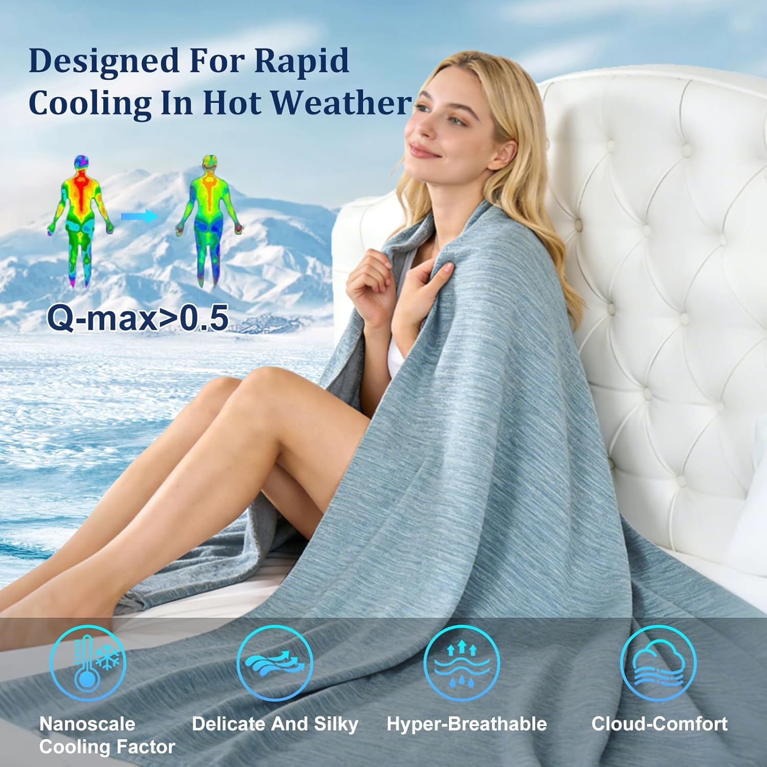 Bcareself Double-Sided Cooling Blanket, Arc-Chill Q-Max >0.5 Cooling Fiber for Hot Sleepers, Night Sweat Relief, Lightweight Summer Cool Thin Blanket, Soft Blanket for Bed, Blue-Gray Queen Size