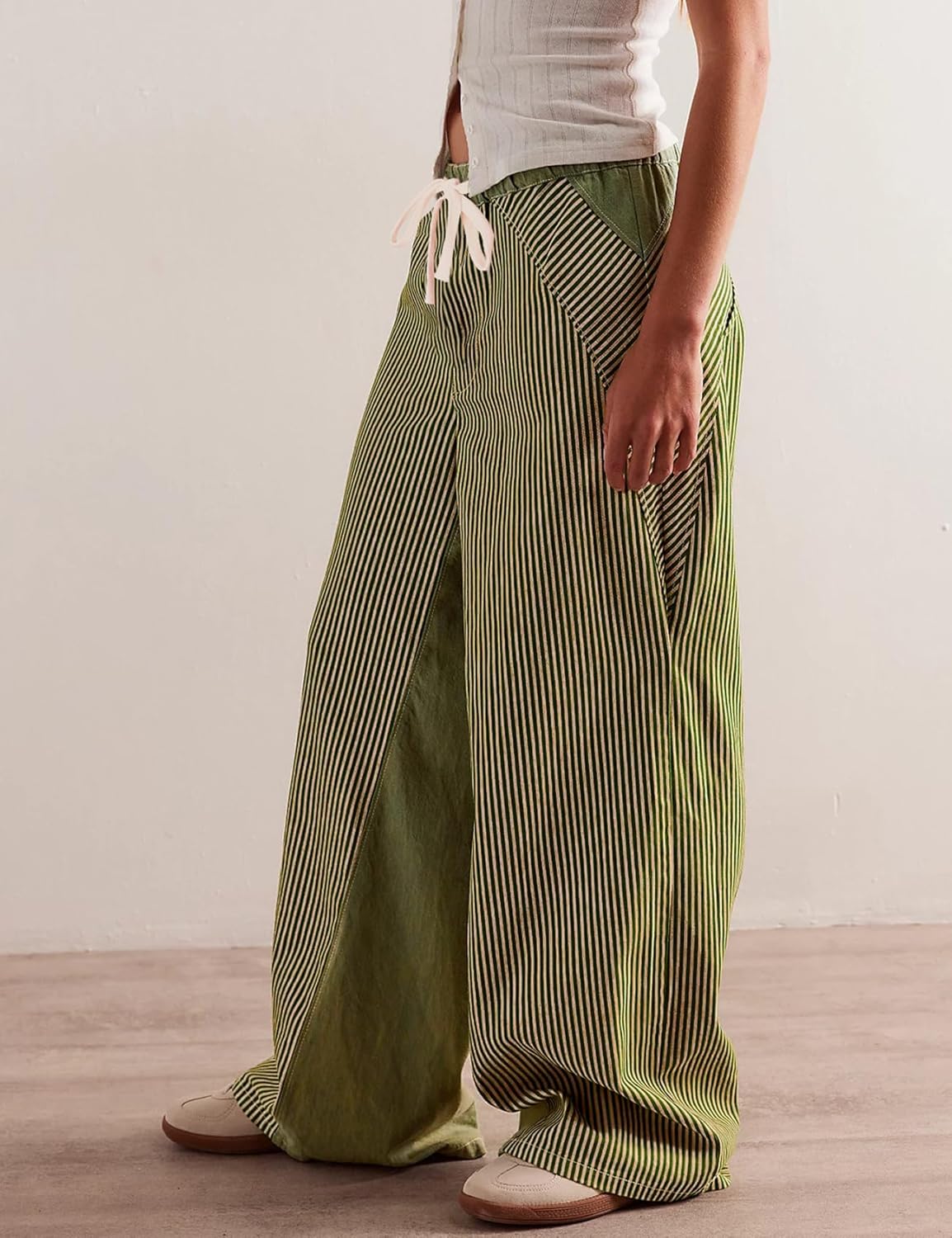 Arssm Women Y2k Striped Wide Leg Pants Baggy Drawstring Jeans Trendy Low Rise Casual Cotton Trousers - Image 2