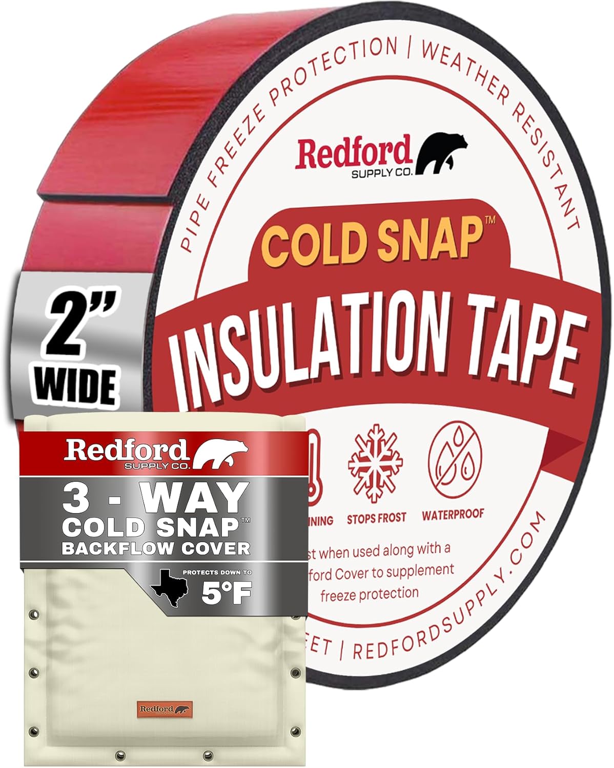 Redford Supply Co. 2 inch x 14 ft Insulation Tape, 16" W x 20" H 3-Way Backflow Cover - Outdoor Pipe Insulation Wrap, Pipe Insulation, Water Sprinkler Covers, Backflow Preventer Insulation Cover