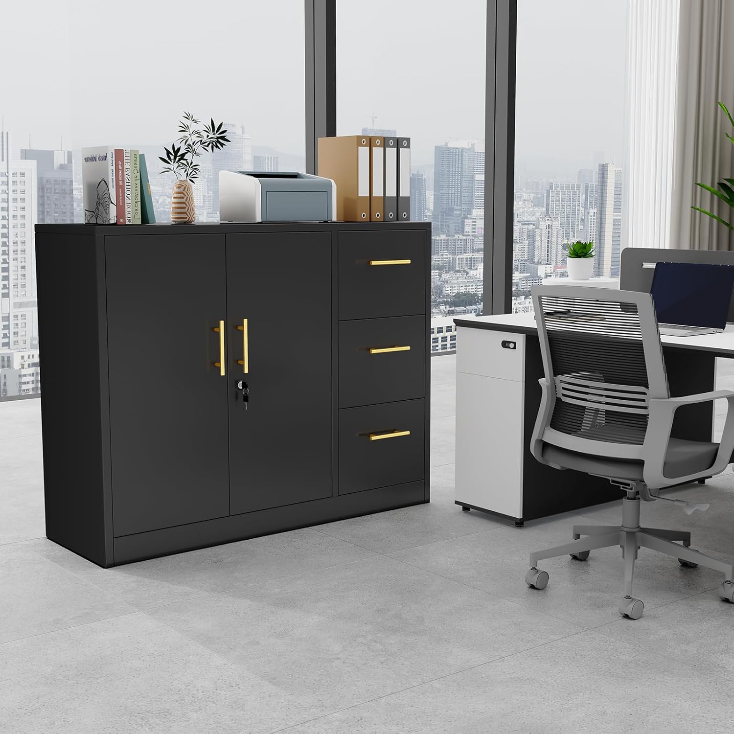 pozdeg 3 Drawer Lateral File Cabinet, Heavy-Duty Metal Lockable Filing Cabinet with 2 Doors, Fire & Weatherproof Storage Cabinet for Office, Home, Garage, School, Gym, Spacious Top for Printer (Black)