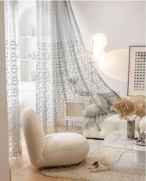 Grey Sheer Curtains, Winter Curtains 2 Panels with Leaf Vine Embroided Polyester 52W x 84L Inch