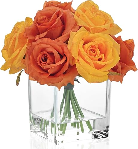 WELL KNOWN Artificial Flowers in Vase with Faux Water, Orange Yellow Rose | Silk Rose Table Centerpieces for Fall Home Coffee Table Decor, Fake Flower Arrangements for Office Hotel Lavatory Decor
