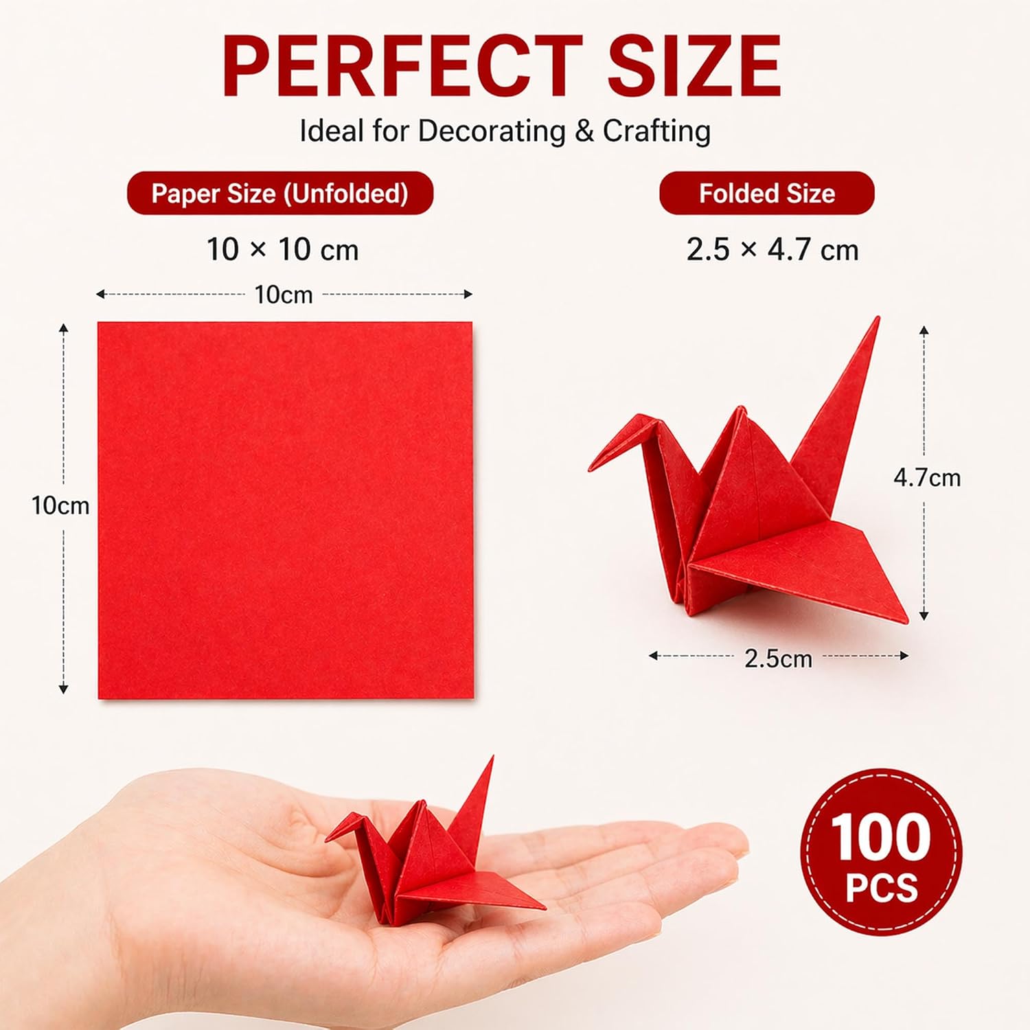 Origami Paper Crane, 100 Pcs Premade Paper Origami Cranes Folded Handmade DIY Crane for Wedding, Birthday, Baby Shower, Home Decor (Red, 10*10cm)