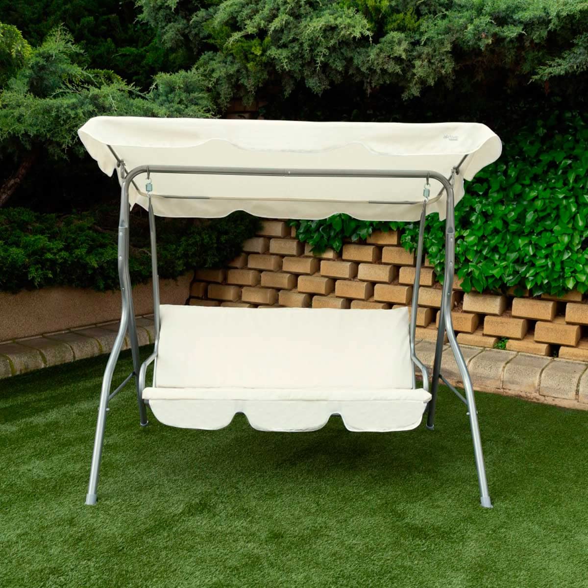 Aktive 61113 - Altalena da giardino a 3 posti color avorio | Tendalino basculante, seduta e schienale imbottiti | Sedia a dondolo da giardino antiscivolo per esterni | Misure 170x110x153