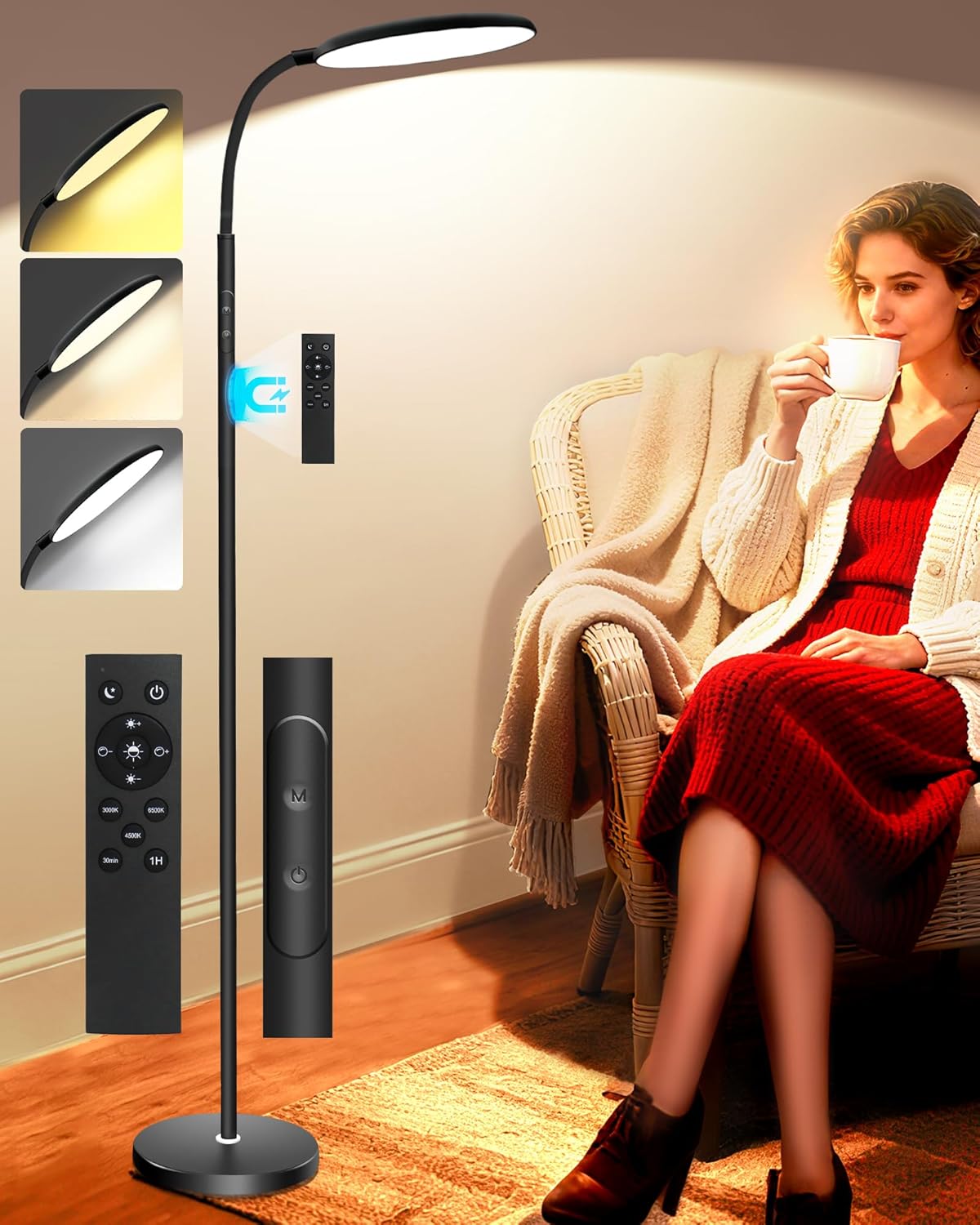 Light Therapy Lamp, 11000 Lux UV-Free Happy Therapy Lamp with Touch & Remote Control, Full Spectrum Sunlight Lamp with 10 Brightness & 3 Color Temperatures, Light Therapy Floor Lamp with Timer