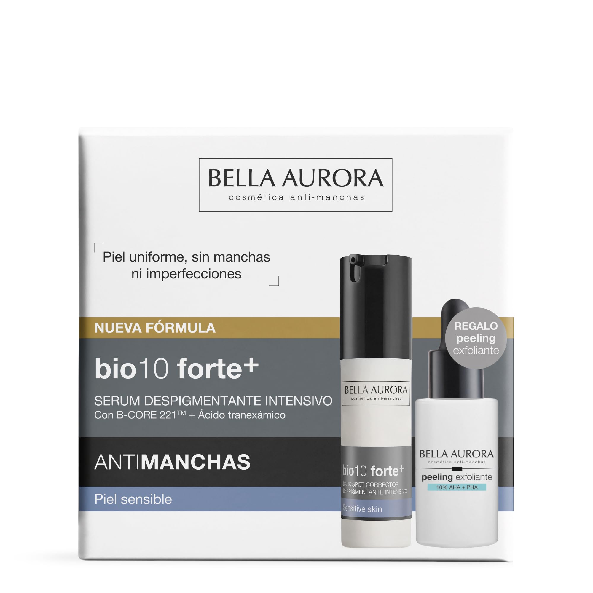 Bella Aurora Pack Bio10 Forte+ Sérum Despigmentante Intensivo con B-Core 221™ y Ácido Tranexámico Piel Sensible + Peeling Exfoliante 10% AHA + PHA | Rutina Antimanchas
