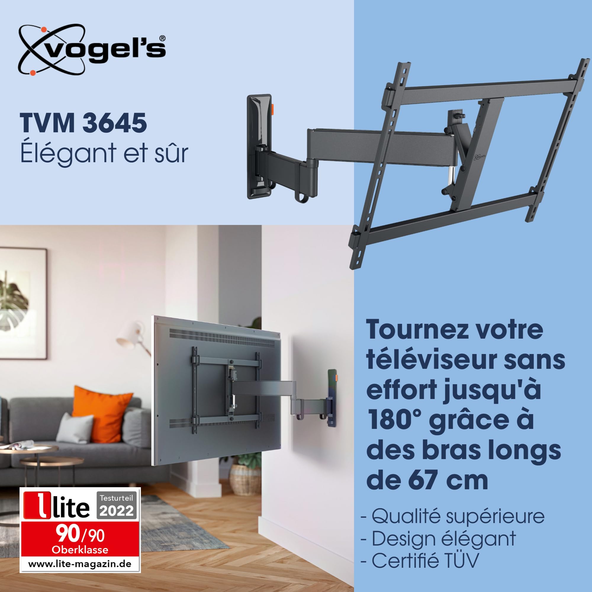 Vogel's TVM 3645 Support Mural pivotant pour TV de 40 à 77", Max. 35 kg, pivotant jusqu'à 180°, Support TV Full Motion Max. VESA 600 x 400, compatibilité Universelle Noir