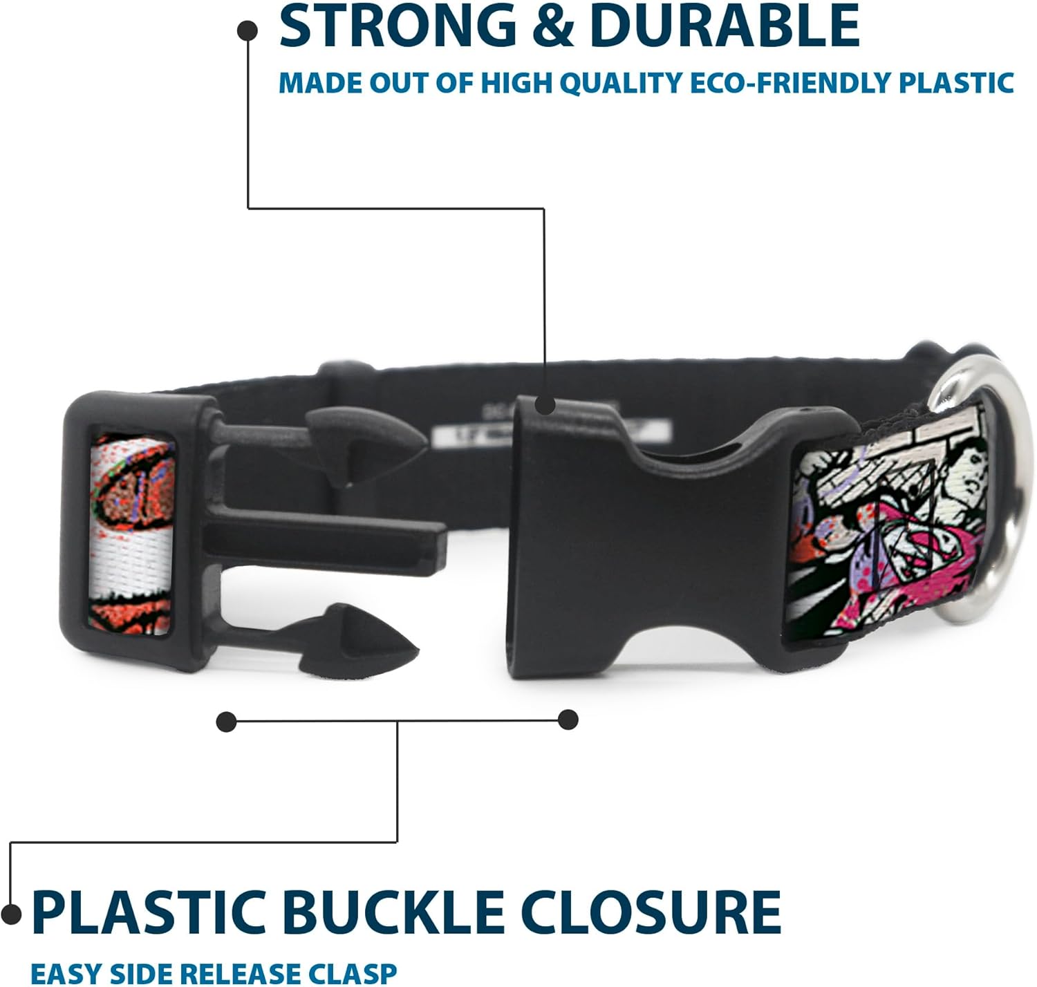Buckle-Down Plastic Clip Collar - Superman Color Flying Bricks Scene - 1.5" Wide - Fits 18-32" Neck - Large