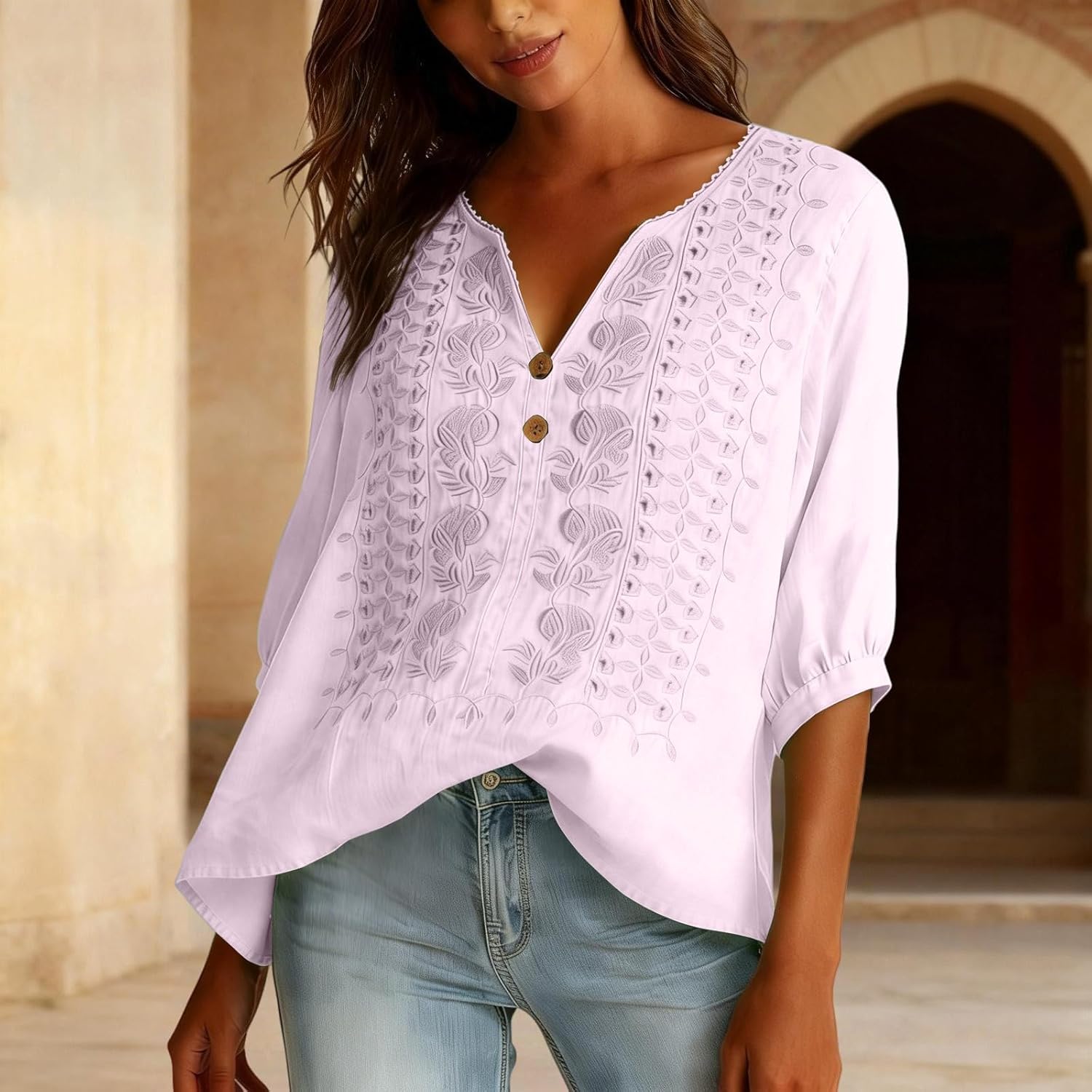Embroidered Linen Shirts for Women - v Neck 3/4 Sleeve Length Boho Tops Plus Size Tunics Summer Dressy Casual Blouses - Image 3