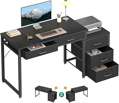 ODK Computer Desk with 5 Drawers, 53 Inch Office Desk with Printer Shelf, Reversible Gaming Desk for Home Bedroom, Writing Table Desk with for Storage, Black