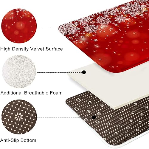 Miniatura 4 de ArtSocket Juego de 2 alfombras y tapetes de baño de Navidad, tapetes de baño antideslizantes con copos de nieve rojos, estrellas de nieve