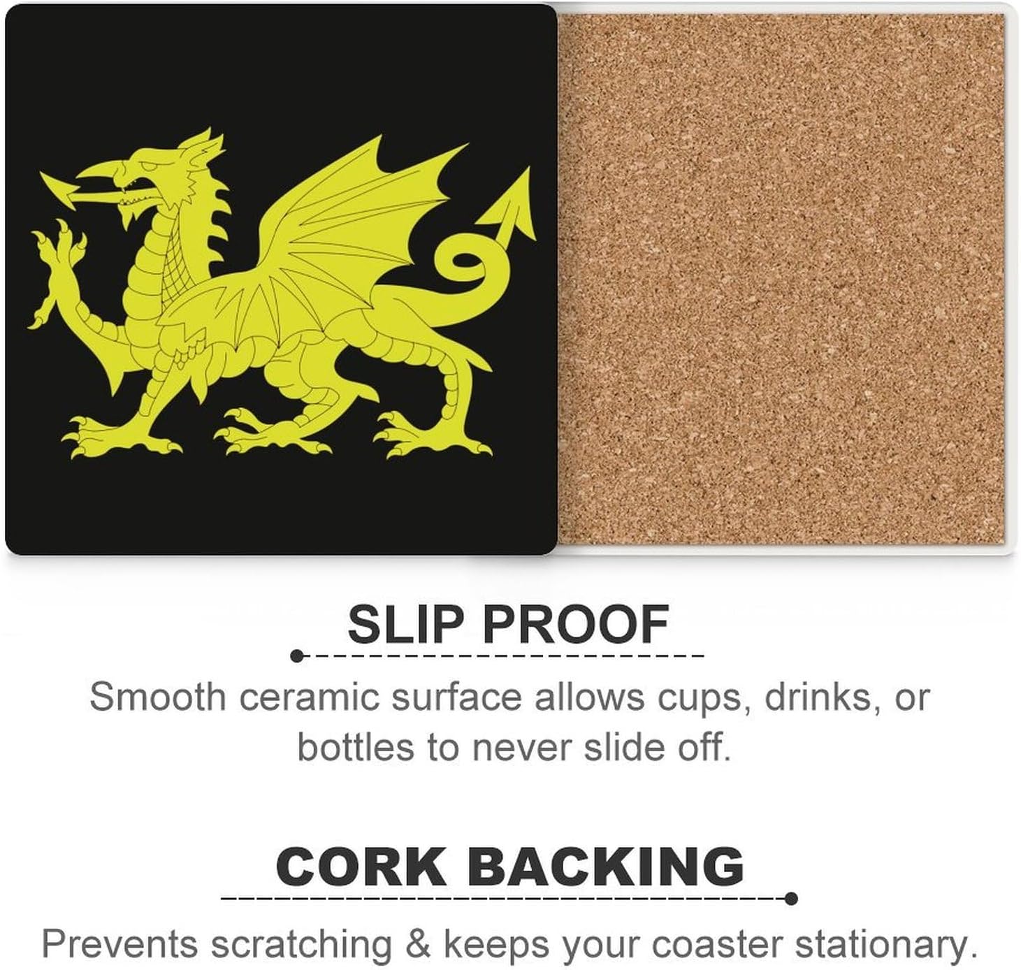 Gold Welsh Dragon Flag Coaster for Drinks Square Ceramic Table Coasters Stone Mat Crafts 4PCS Home Kitchen Decor