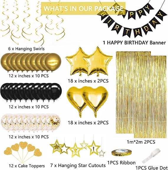 Black Gold Birthday Decorations, Gold Party Decorations Set with Birthday Banner, Black Gold Balloons, Gold Fringe Party Curtains, Hanging Swirls, Cake Toppers for Girls Women Men Kids Birthdays Party