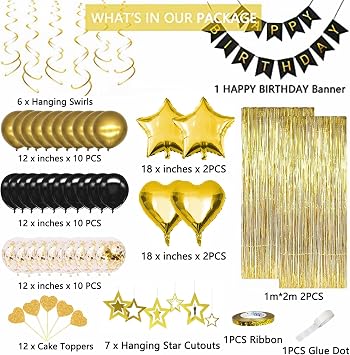 Black Gold Birthday Decorations, Gold Party Decorations Set with Birthday Banner, Black Gold Balloons, Gold Fringe Party Curtains, Hanging Swirls, Cake Toppers for Girls Women Men Kids Birthdays Party