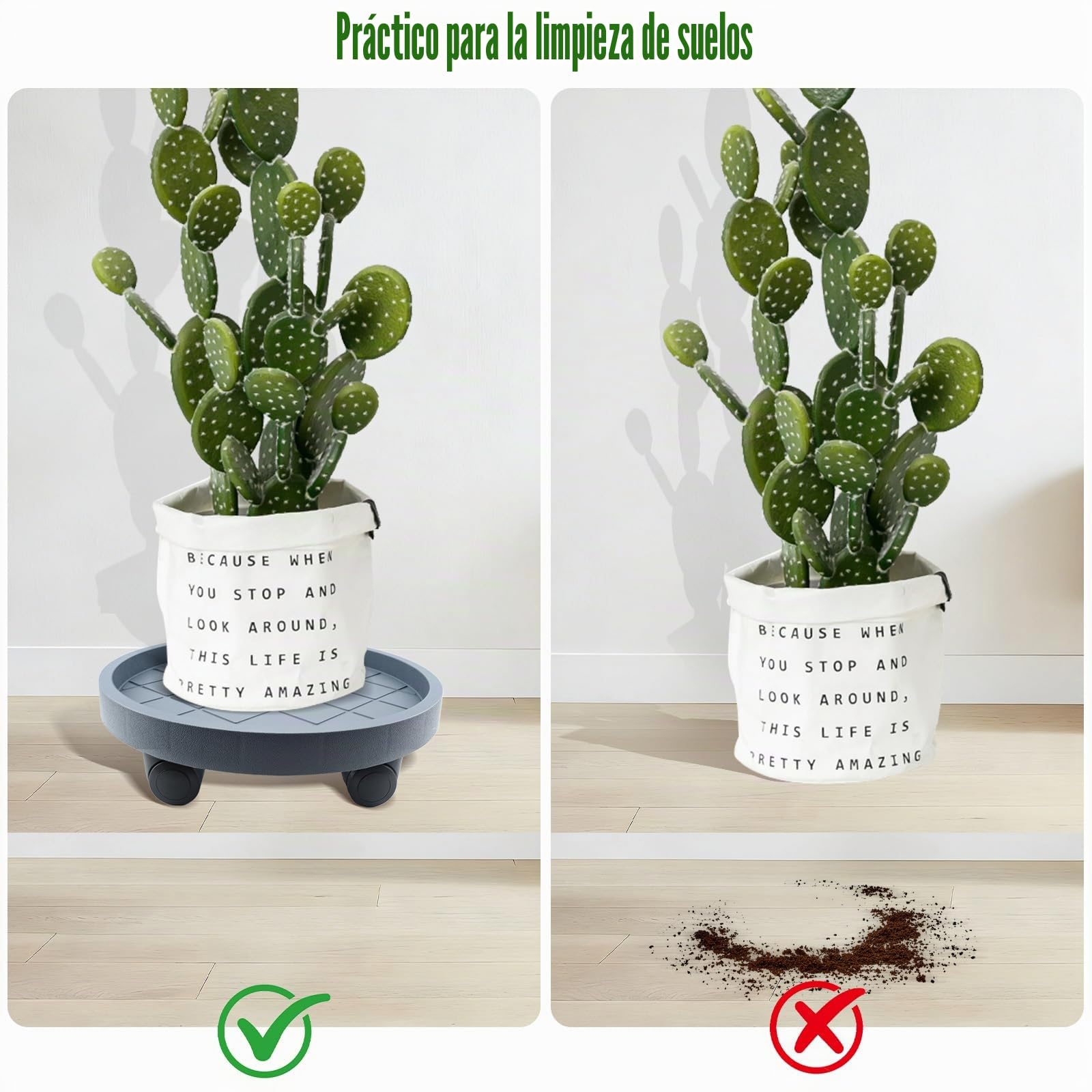 K KASONIC Base Móvil para Macetas 40cm con 4 Ruedas, Capacidad 100kg, Pack de 2 Bandejas Redondas para Mover Macetas de Interior y Exterior, Incluye 5m Cintas para Plantas Desgarrables