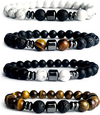 Tiger Eye Bracelet Set for Men 8mm Natural Stone Beads, Stretch Lava Rock Adjustable Black Crystal Beaded Bracelet for Men & Women Gifts