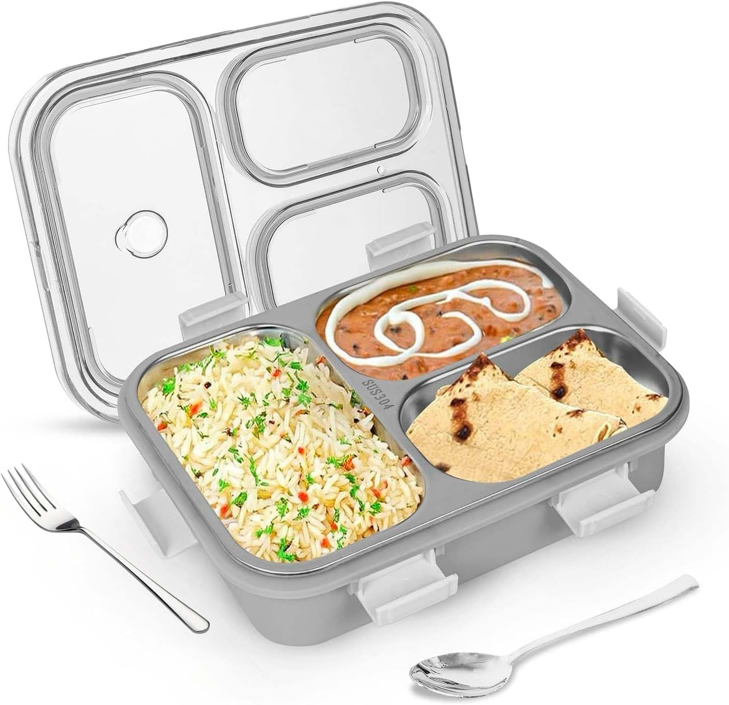 3-Compartment Stainless Steel Lunch Box with Heating Layer, Leak-Proof Lid, Safety Lock, Includes Utensils