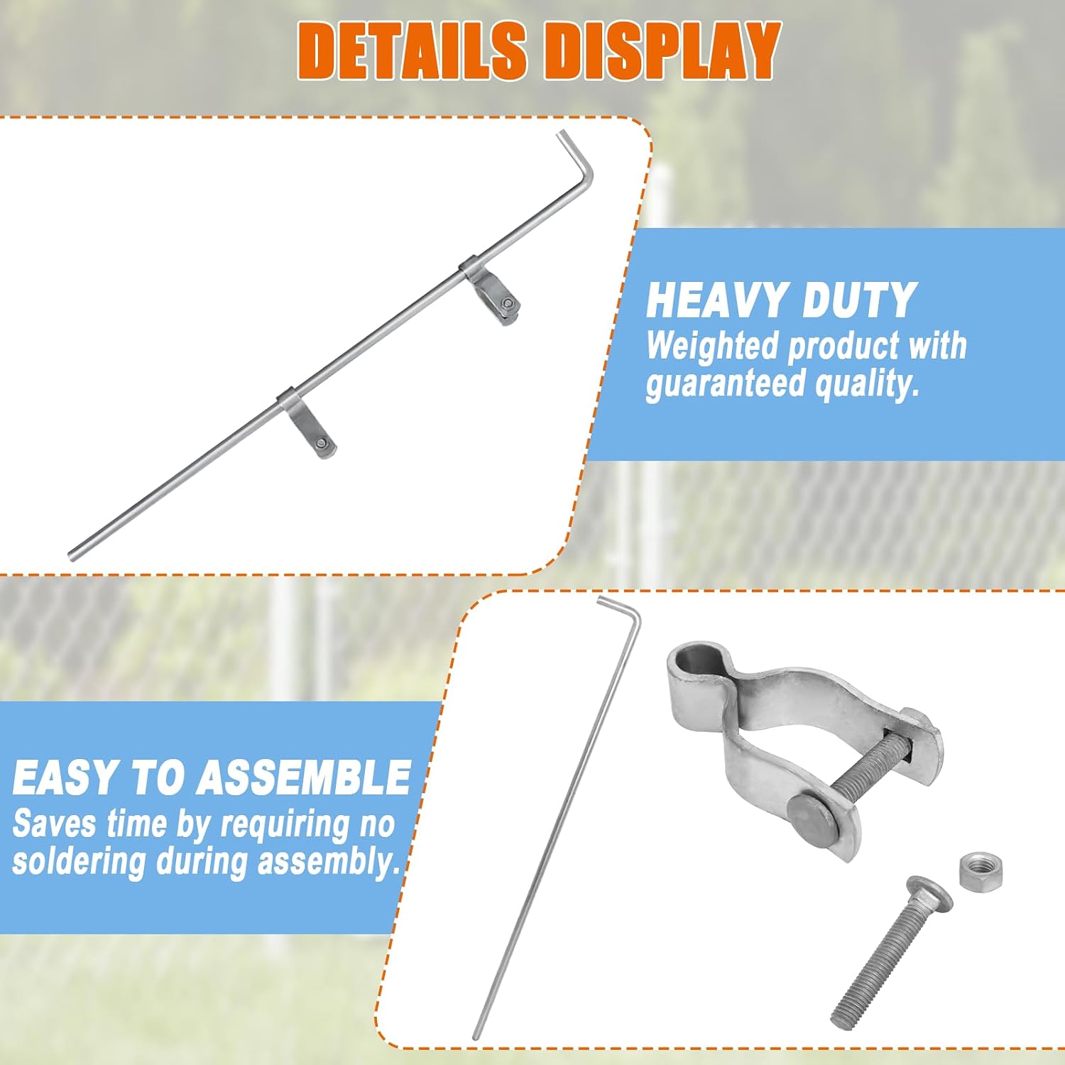 Gate Drop Rod for Chain Link Fence 1-5/8" x 32" [Pack of 2] Chain Link Gate Drop Rod Kit for Single or Double Gate,Galvanized Steel Cane Bolt Ground Latch Fence Drop Pin with Extra 4 Gate Frame Hinges