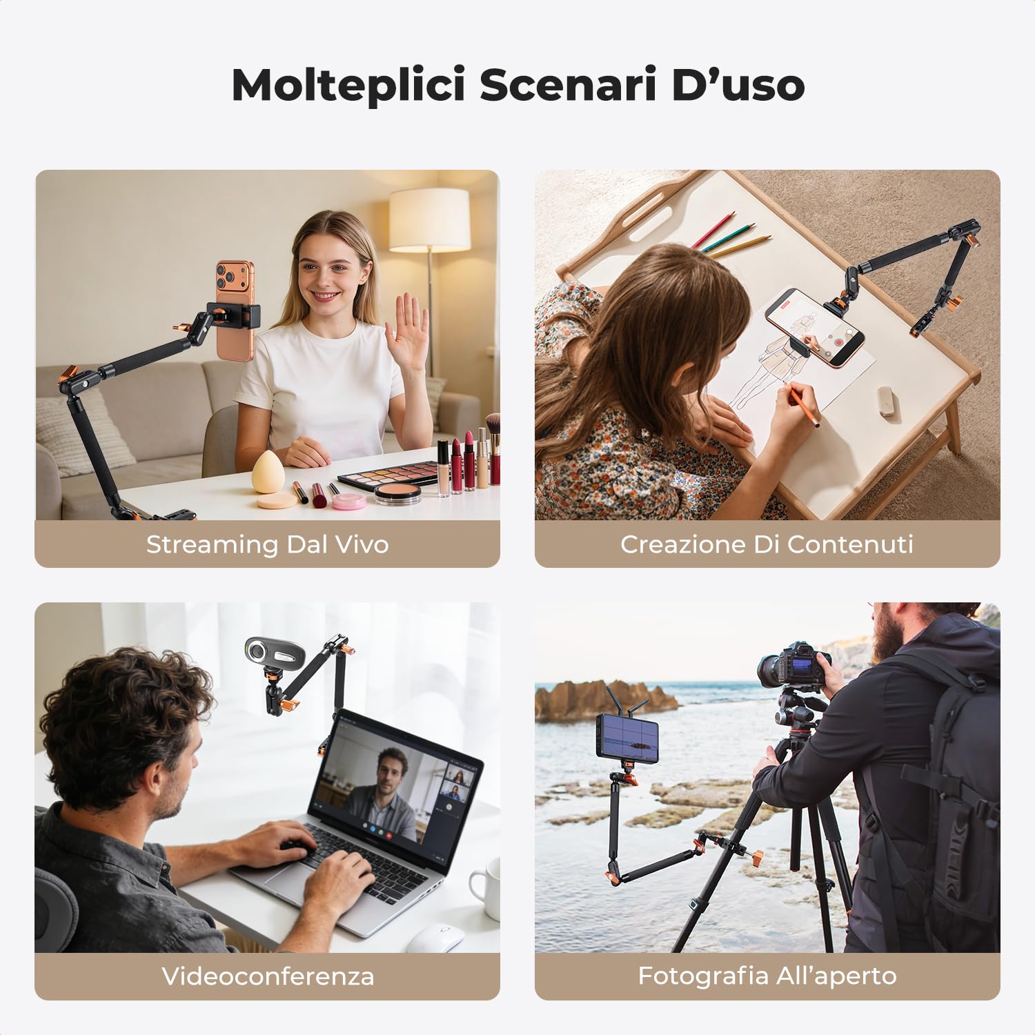K&F CONCEPT Braccio Magico Flessibile da 22 Pollici con Vite 1/4", Supporto Webcam e Fotocamera da Scrivania, Braccio Articolato per Streaming, Microfono, Luce LED e Action Cam