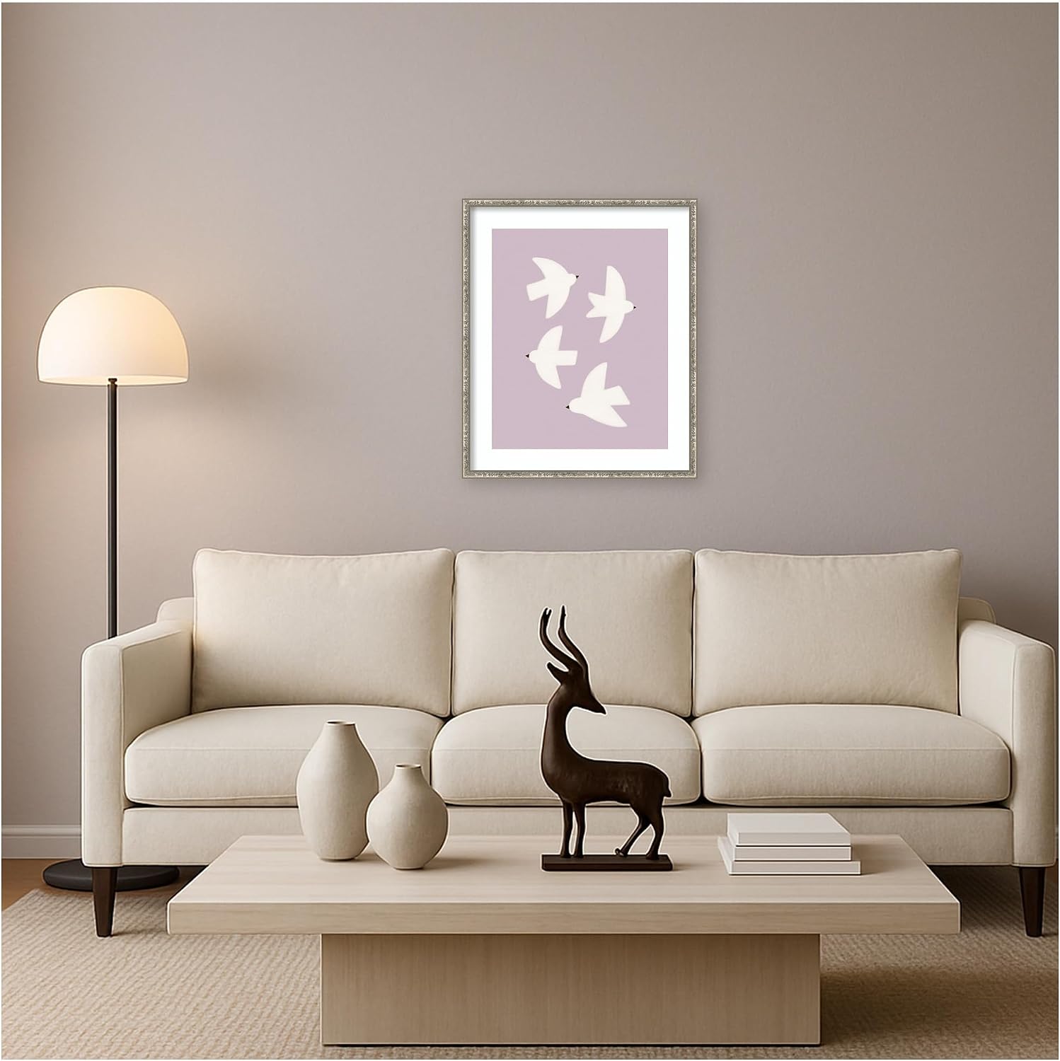 Kate and Laurel Framed Wall Art Print Minimalist Birds Poster 3 Purple by Laura Moss, 21 x 25, Belvedere Silver Frame, Modern Contemporary, Animal Art for Wall Decor