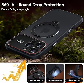 for iPhone 16 Pro Max Case: 360 Spin Magnetic Stand, Camera Protection (Compatible with MagSafe) [16FT Military Protection] Shockproof Matte Translucent Phone Cover for iPhone 16 Pro Max 6.9, Black