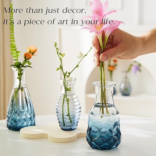 Miniatura 2 de Juego de 20 jarrones de cristal, jarrones pequeños para flores a granel, jarrones de cristal vintage surtidos para flores, centros de mesa (azul, 20