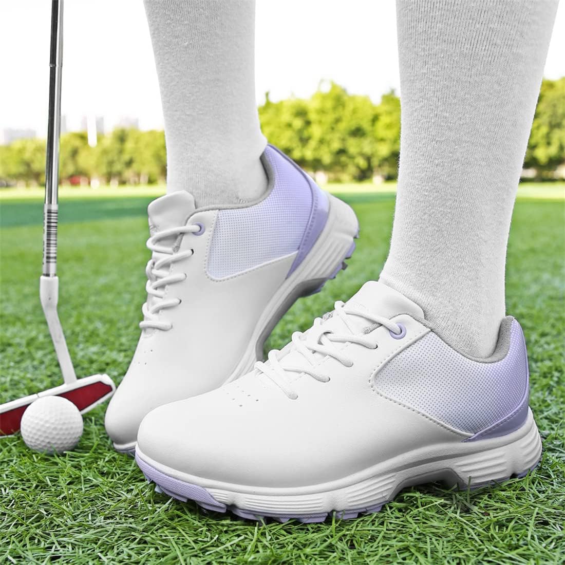 DAMANDO Ladies Spiked Golf Shoes Waterproof Golf Footwears Comfortable Golf Leather Sneakers Outdoor Training Shoes