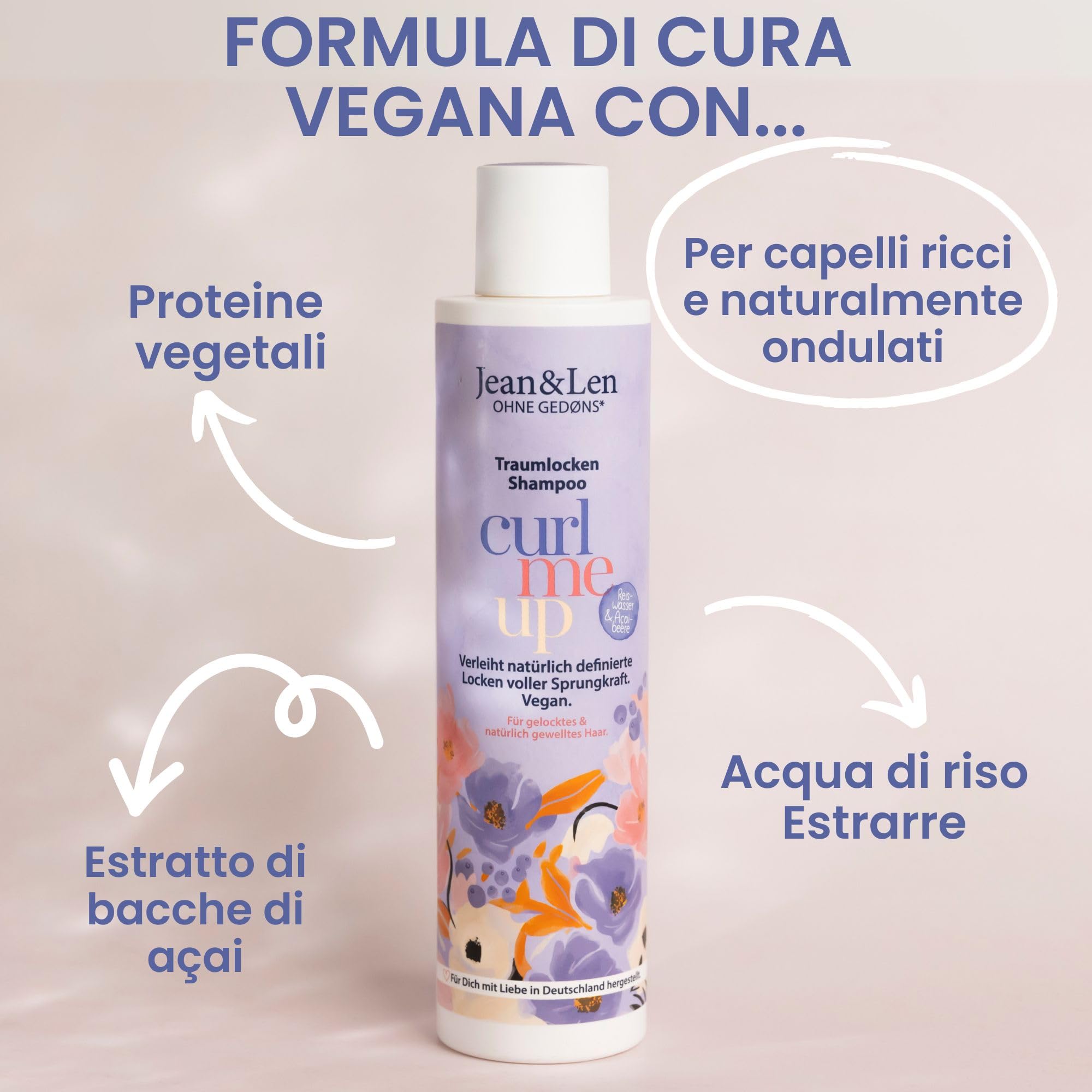 Jean & Len Shampoo Ricci da sogno Acqua di riso & bacche di acai, per capelli ricci e mossi, dona elasticità e volume, senza siliconi/parabeni, vegano, profumo fruttato, 6 x 300 ml