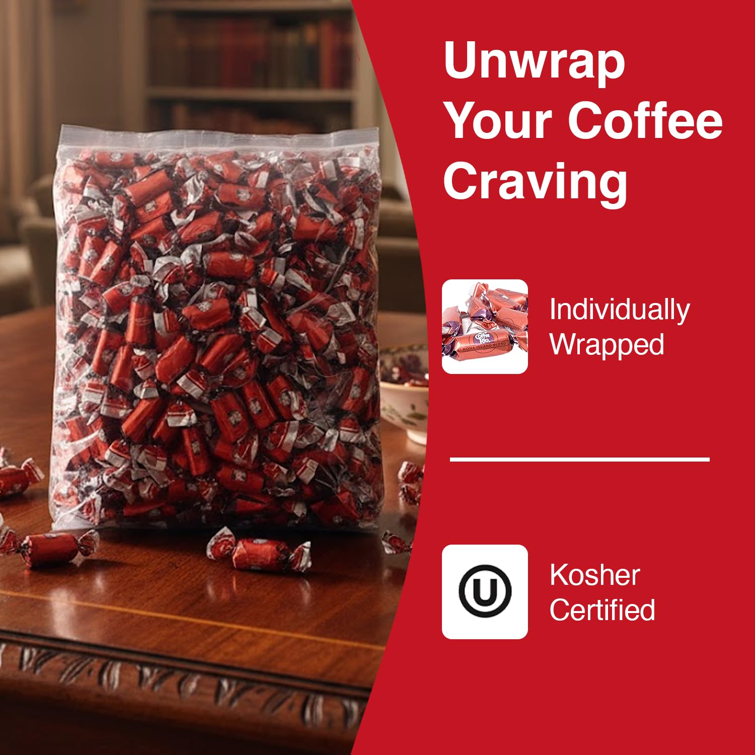 Coffee Rio Kona Island Blend Coffee Candy Bulk Pack, 3 Pound Bag - Individually Wrapped Hard Candies Blended with Fresh Dairy Cream - Perfect for Office Candy Bowl, Buffet - Kosher Certified Candies