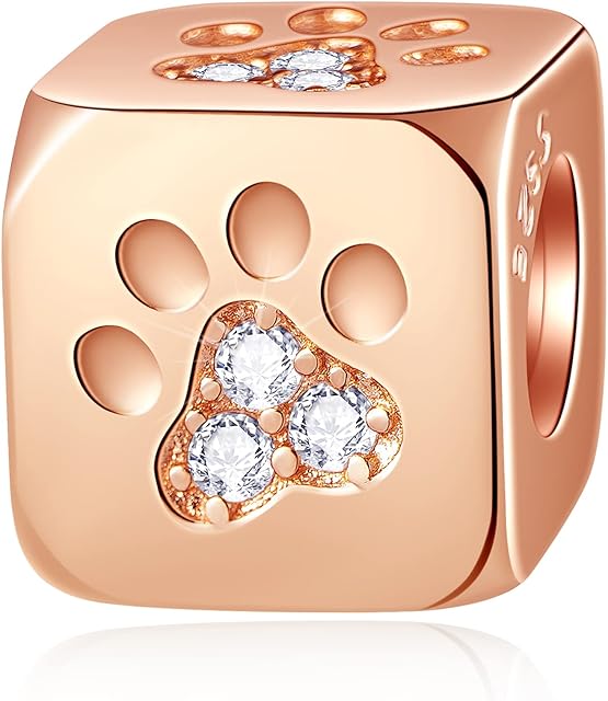 CRISNATA I Love My Pet Theme Charm-Rose Gold Plated, Enamel 925 Sterling Silver Dog Paw Print Dice Beads, fits European Animal Charms Bracelet, Gifts for Mum/Daughter/Son/Grandmother