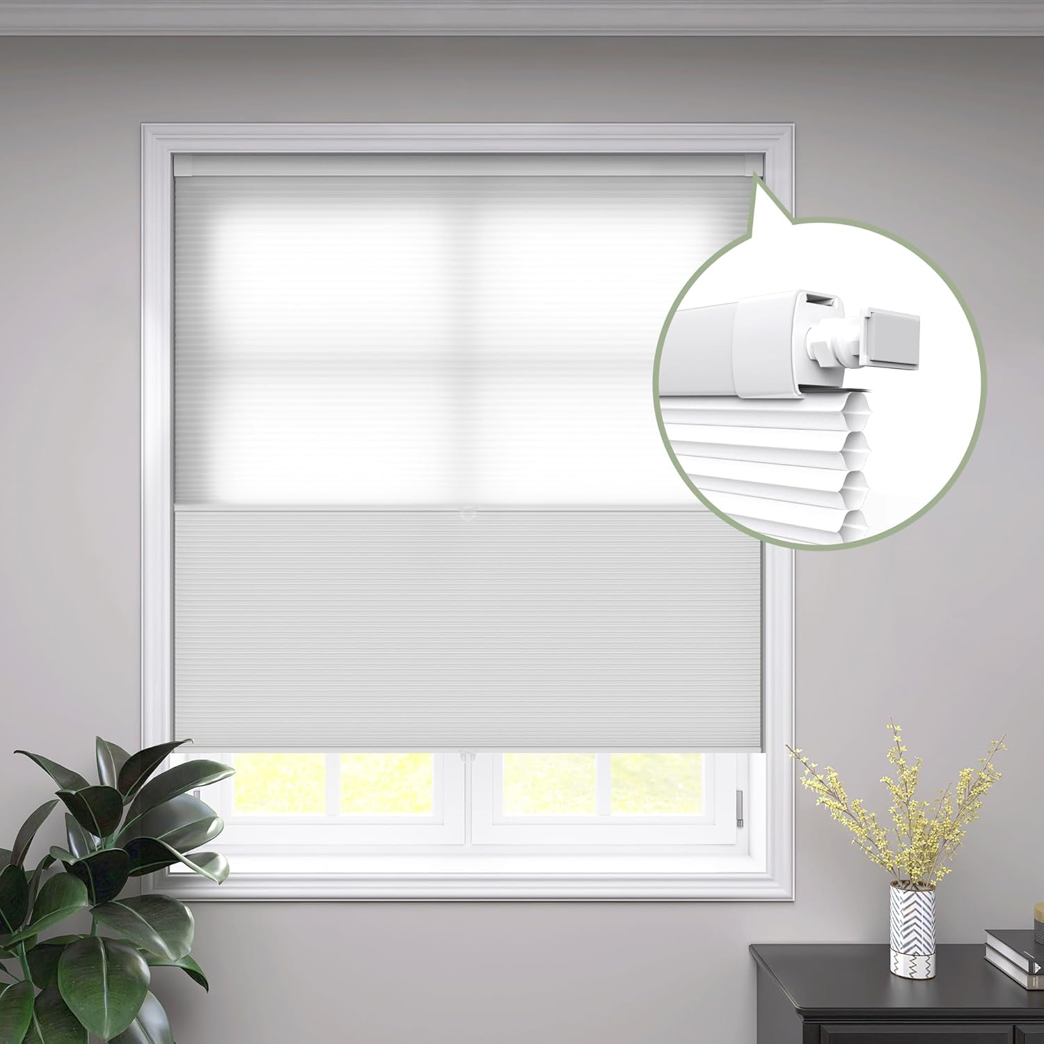 No Drill Day Night Cellular Shades Cordless, 2 in 1 Double Honeycomb Blinds, Blackout and Light Filtering Top Down Bottom Up Cellular Shades, Easy Installation for Indoor Window, Home, Office