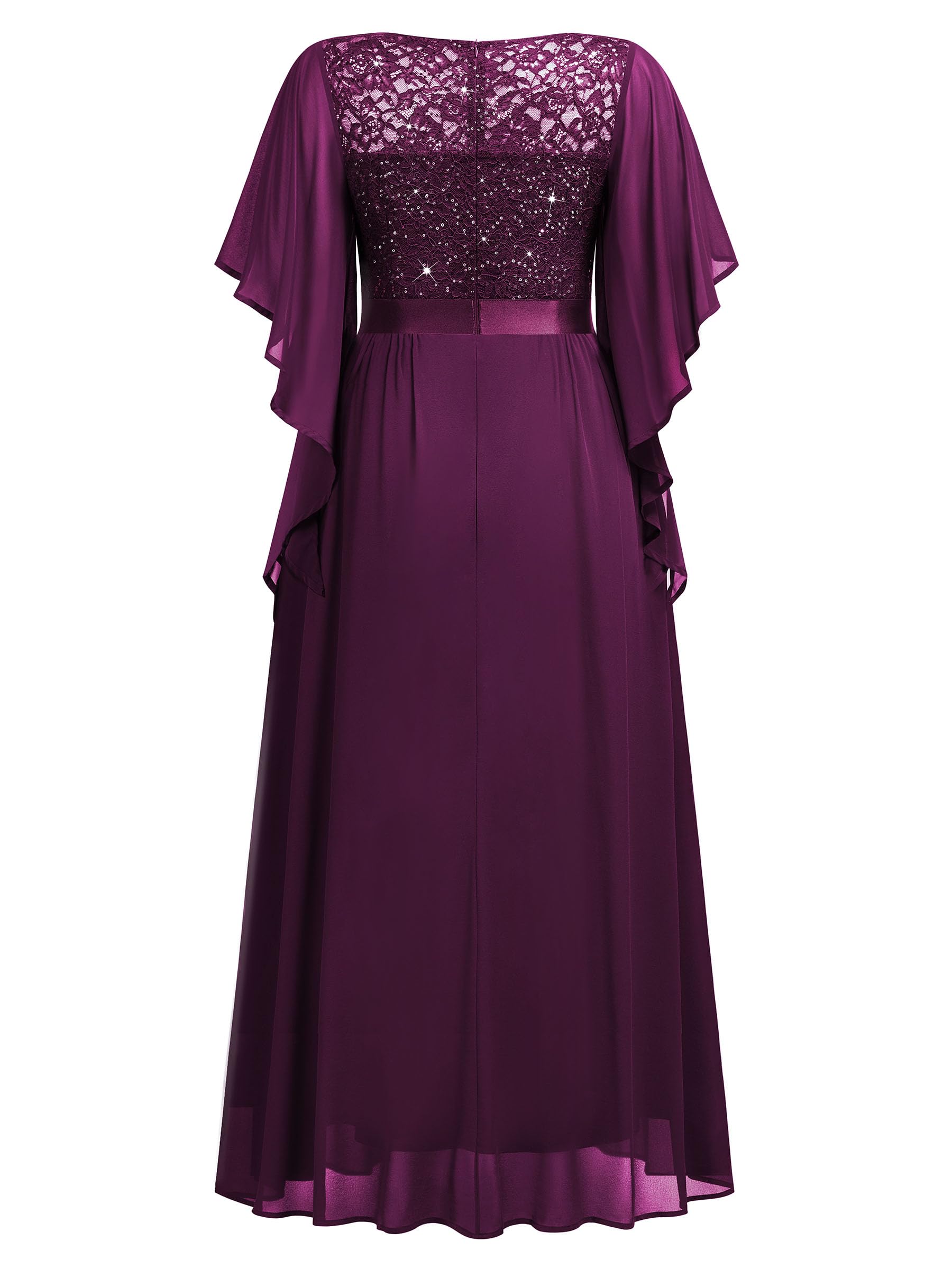 MISSMAY Abito lungo da donna, elegante, con maniche a farfalla, in chiffon, con paillettes, corpetto da sera, per feste