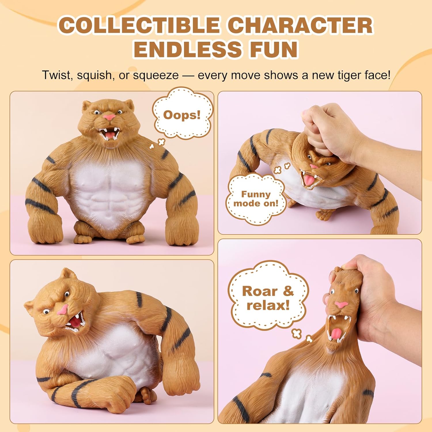 Squishy Tiger Toy – Giant Stretchy Stress Relief for Kids & Adults, 9" Big Tiger Squishies Filled with Quartz Sand, Soft TPR Squeeze Fidget Like Monkey & Gorilla Stretch, Funny Stress Ball Gift