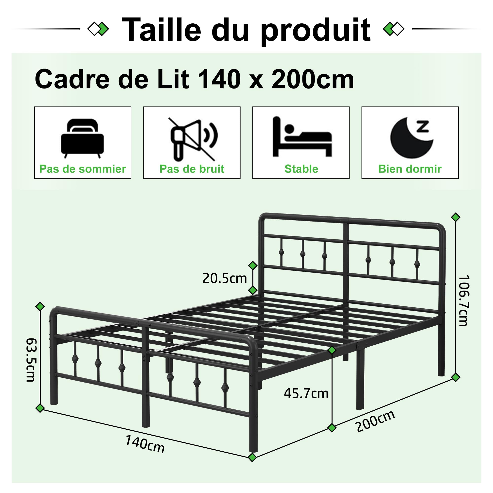 EMODA Cadre de Lit en Métal 140 x 200 cm avec Tête de Lit, Cadre de Noir Robuste de 46 cm de Haut avec Support en Lattes d’Acier, Montage Facile, Silencieux