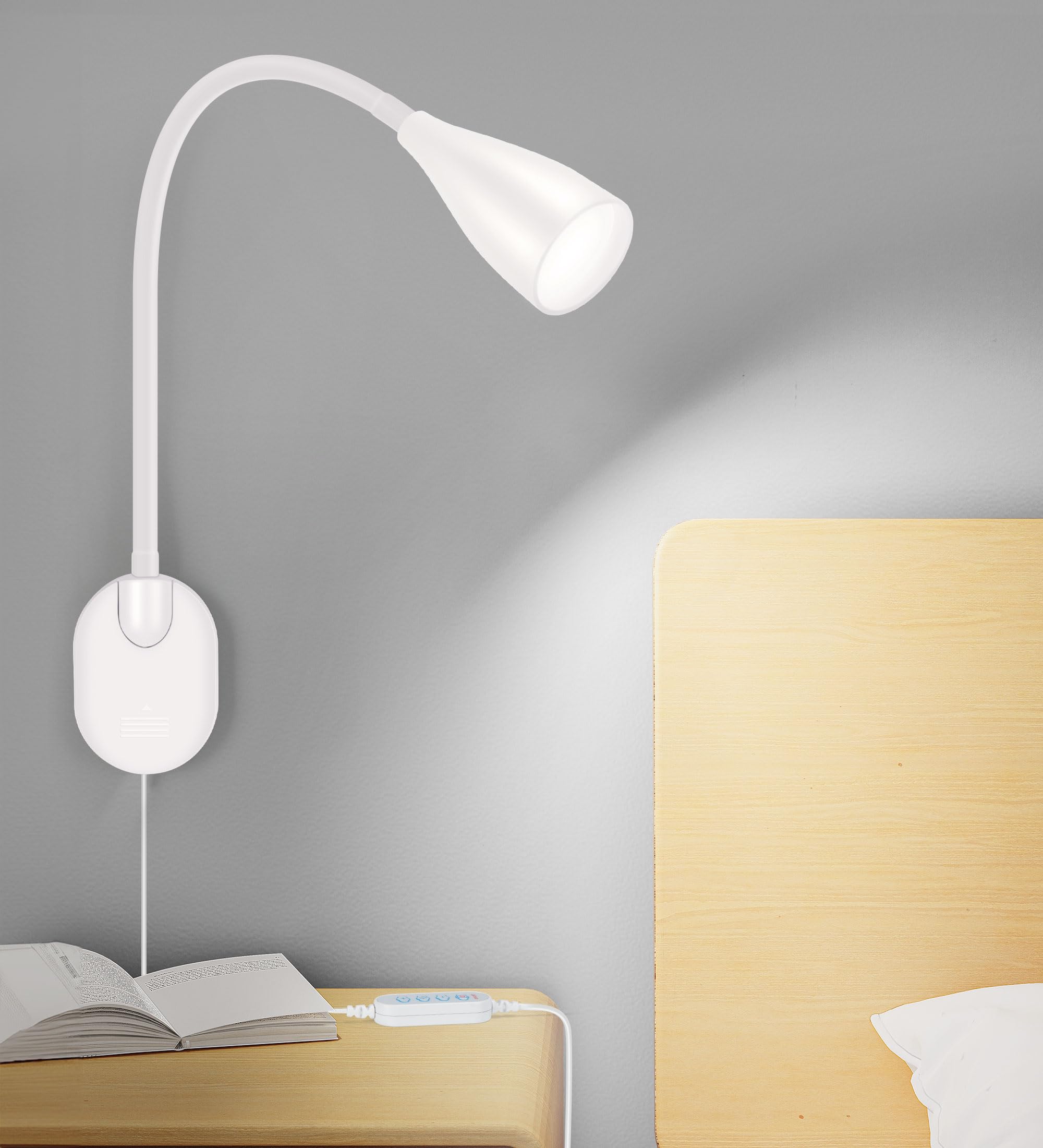 Wall-Mounted LED Bedside Reading Light with USB Charging Port, 10-Level Dimmable & Adjustable 5 Color, Plug-in Adhesive Night Lamp for Books in Bed, Eye-Caring Bedroom Lighting (White)