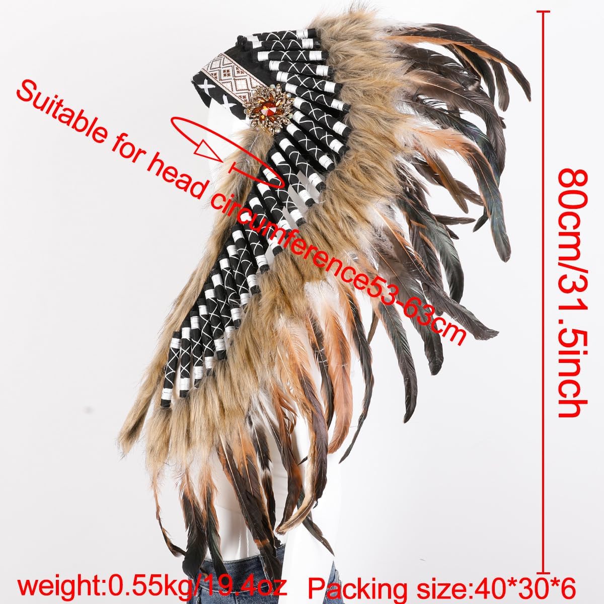 Handmade Feather Headdress Costume Headpiece with Faux Fur – Festival, Party, Halloween, Cosplay Accessory