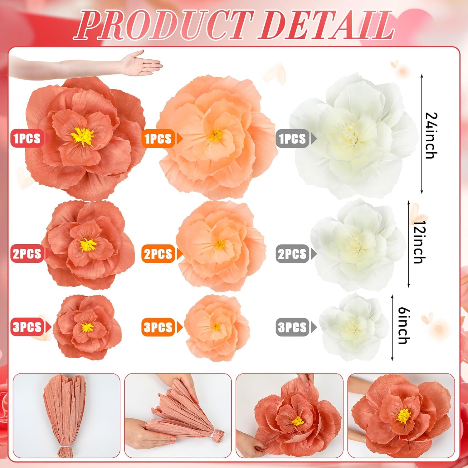 Giant Paper Flowers Artificial Large Paper Flower Decoration for Handcrafted Wall Backdrop Christmas Mexican Wedding Graduation Bridal Shower Birth Party Supplies(Pink White,18 Pcs)