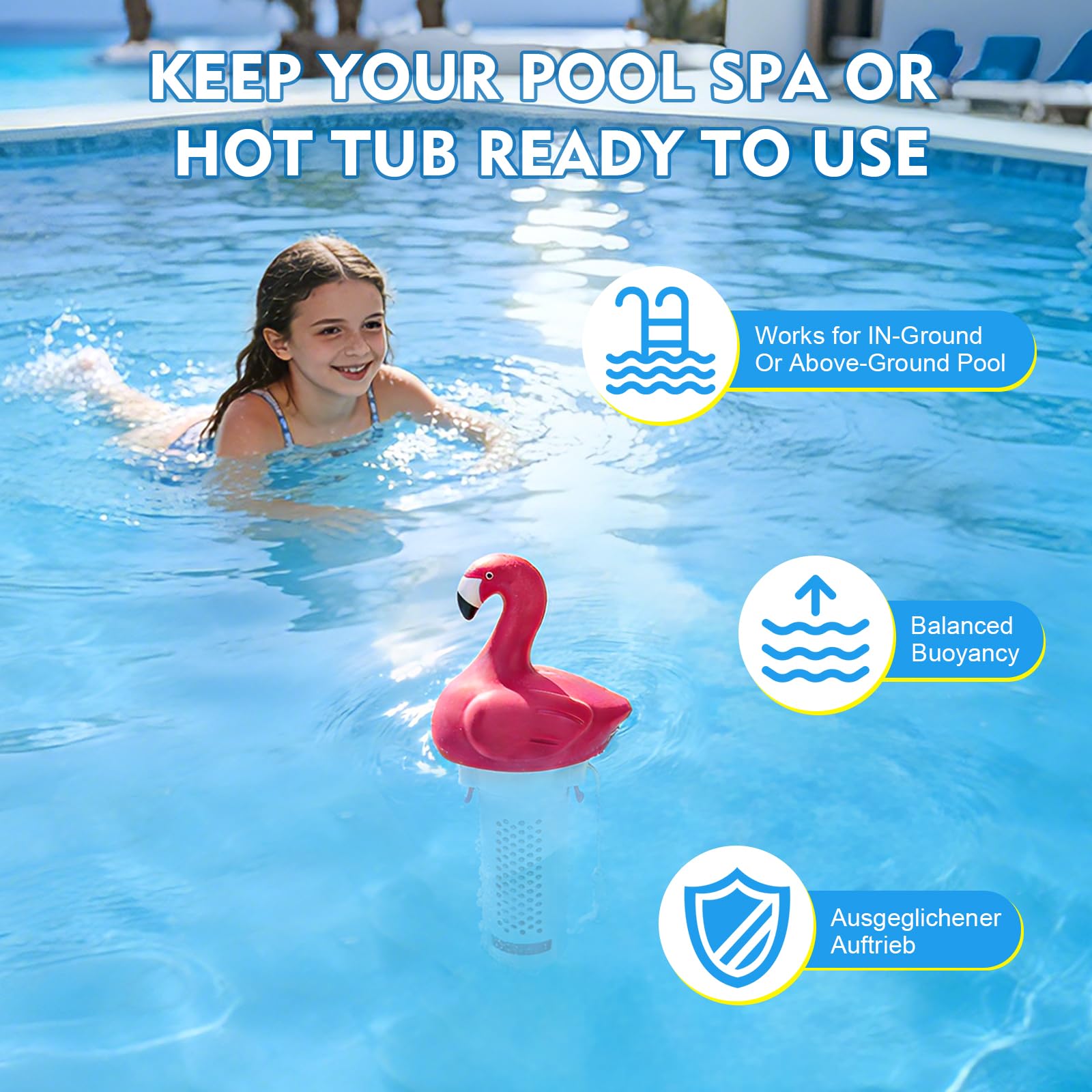 KGC Dispensador de Cloro Piscina Flotante, Flamingo Difusor Flotante Dosificador de tabletas 2,5cm Pastillas de Cloro y bromo, Tabletas de Cloro Dispensador de Cloro para Piscinas, spas y Fuentes