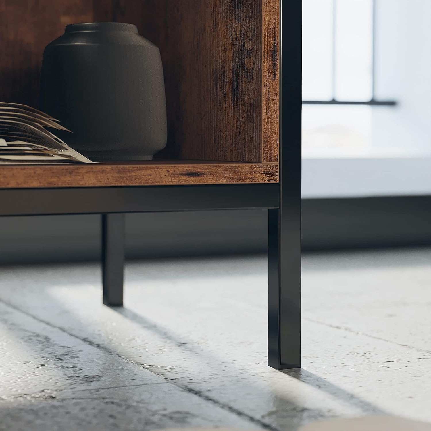 Close-up of the IRONCK End Table's metal leg and wooden base, highlighting the sturdy construction.