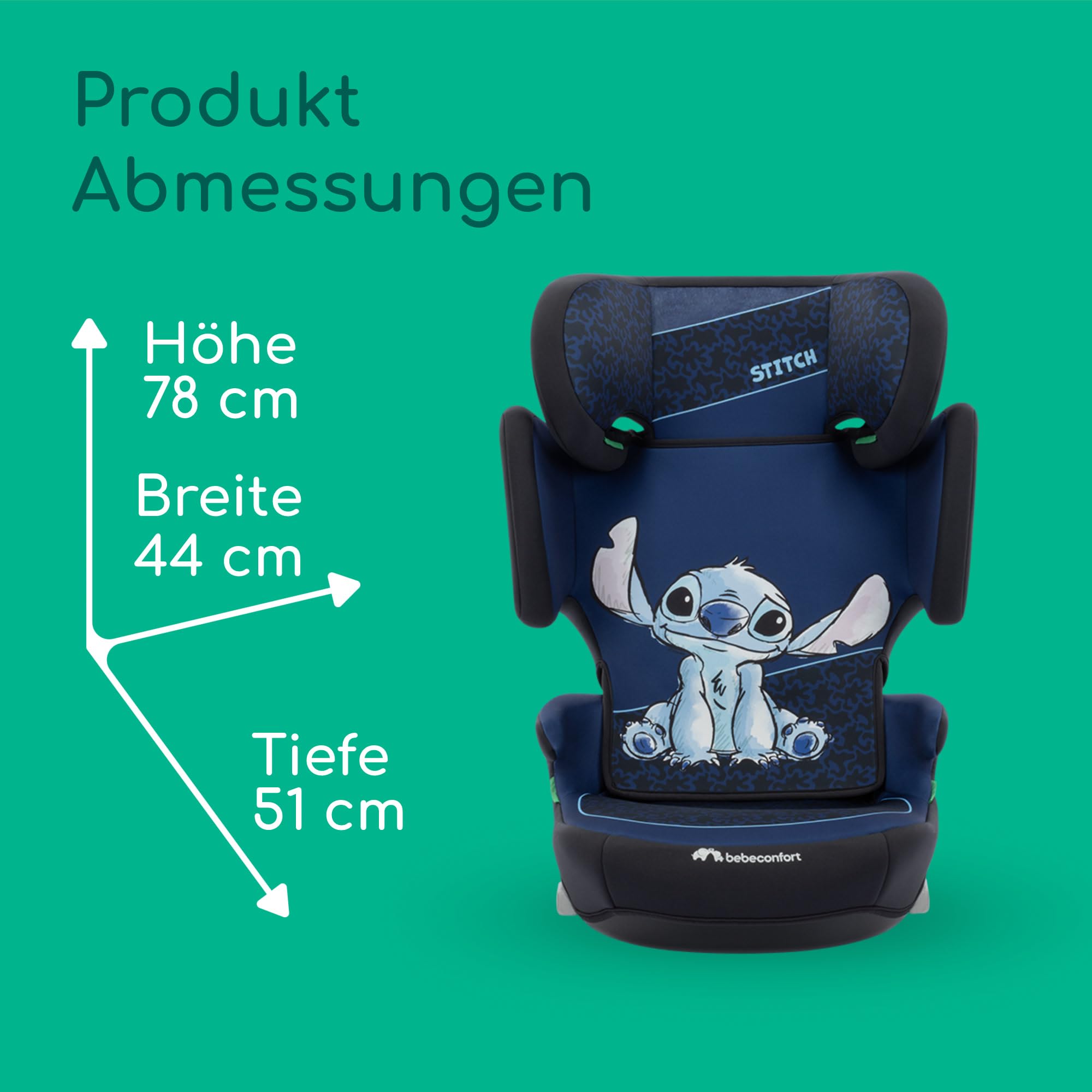 Bebeconfort Disney RoadFix i-Size, Kindersitzerhöhung mit Rückenlehne, 3,5–12 Jahre (100–150 cm), Folgekindersitz Stitch Disney, Klappbar, Leicht (4,4 kg), 14 Kopfstützenpositionen, Authentic Stitch