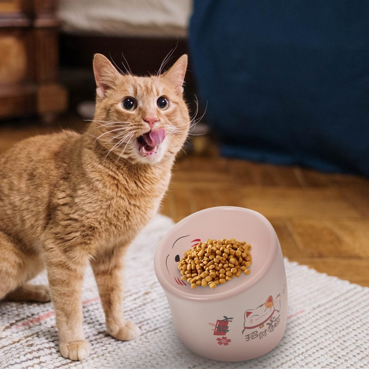 Anti-Overturn Ceramic Elevated Cat Bowl with Neck Protection Pink, Non-Spill Cat Feeding and Water Bowl for Indoor Pets