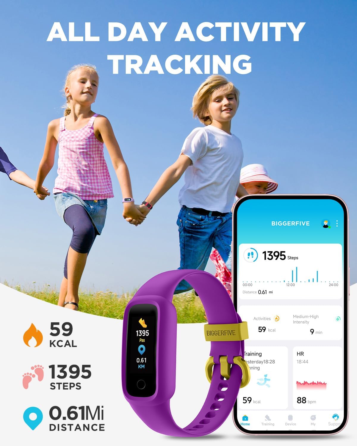 biggerfive vigor 2 l kids fitness tracker watch for boys girls ages 5-15, activity tracker, heart rate sleep monitor, ip68 waterproof, pedometer, calorie step counter watch, purple