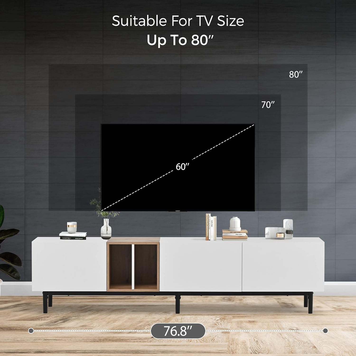 Modern TV Stand Entertainment Center with 3 Doors Media Center Stands with Large Cabinets and Wear-Resistant Tabletop Wood TV Console Table for Living Room, Bedroom TVS Up to 80", White