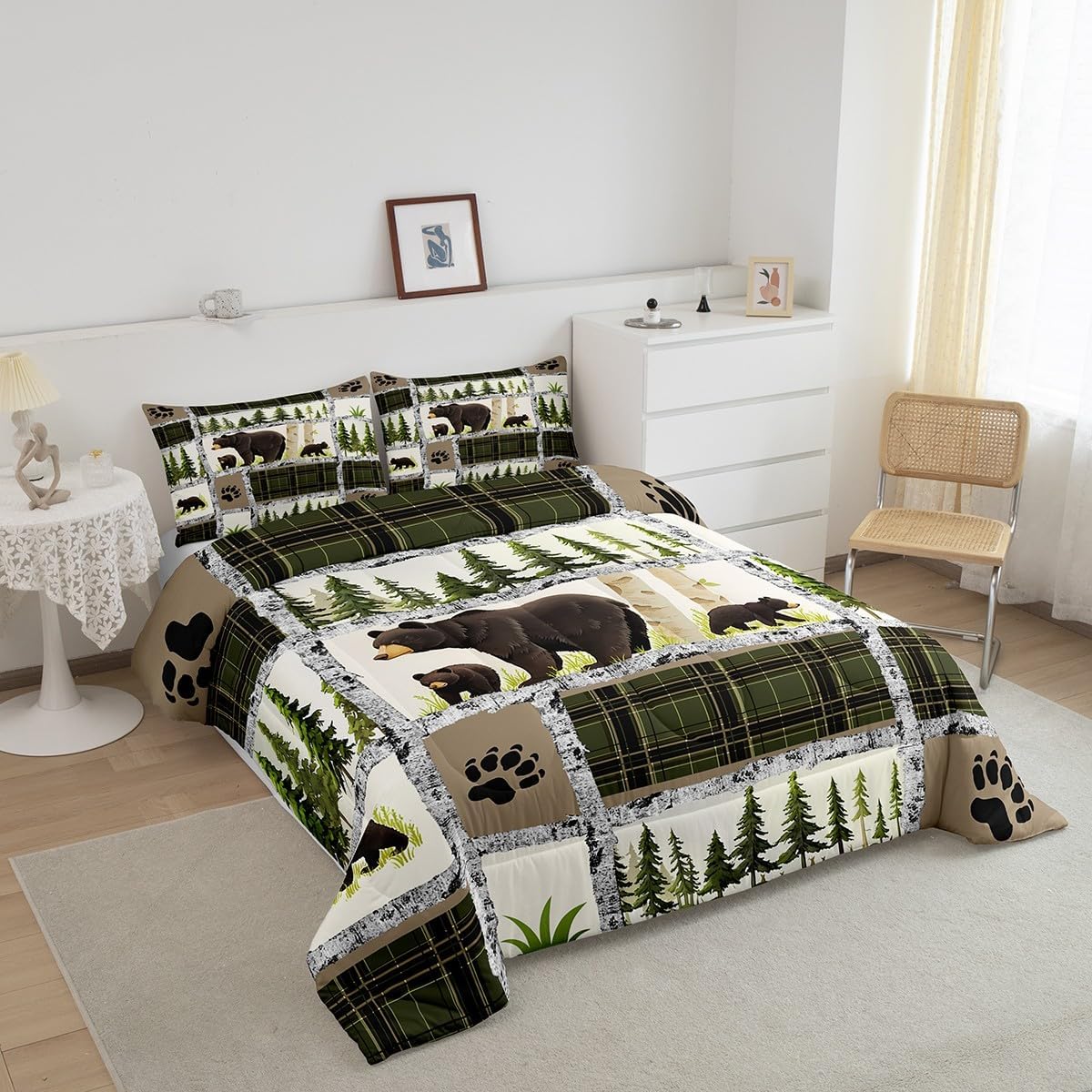 Feelyou Kids Adult Rustic Cabin Comforter Set,Rustic Bear Bedding Set King Size,Forest Wild Animals Comforter,Farmhouse Patchwork White Green Plaid Lodge Bed Set