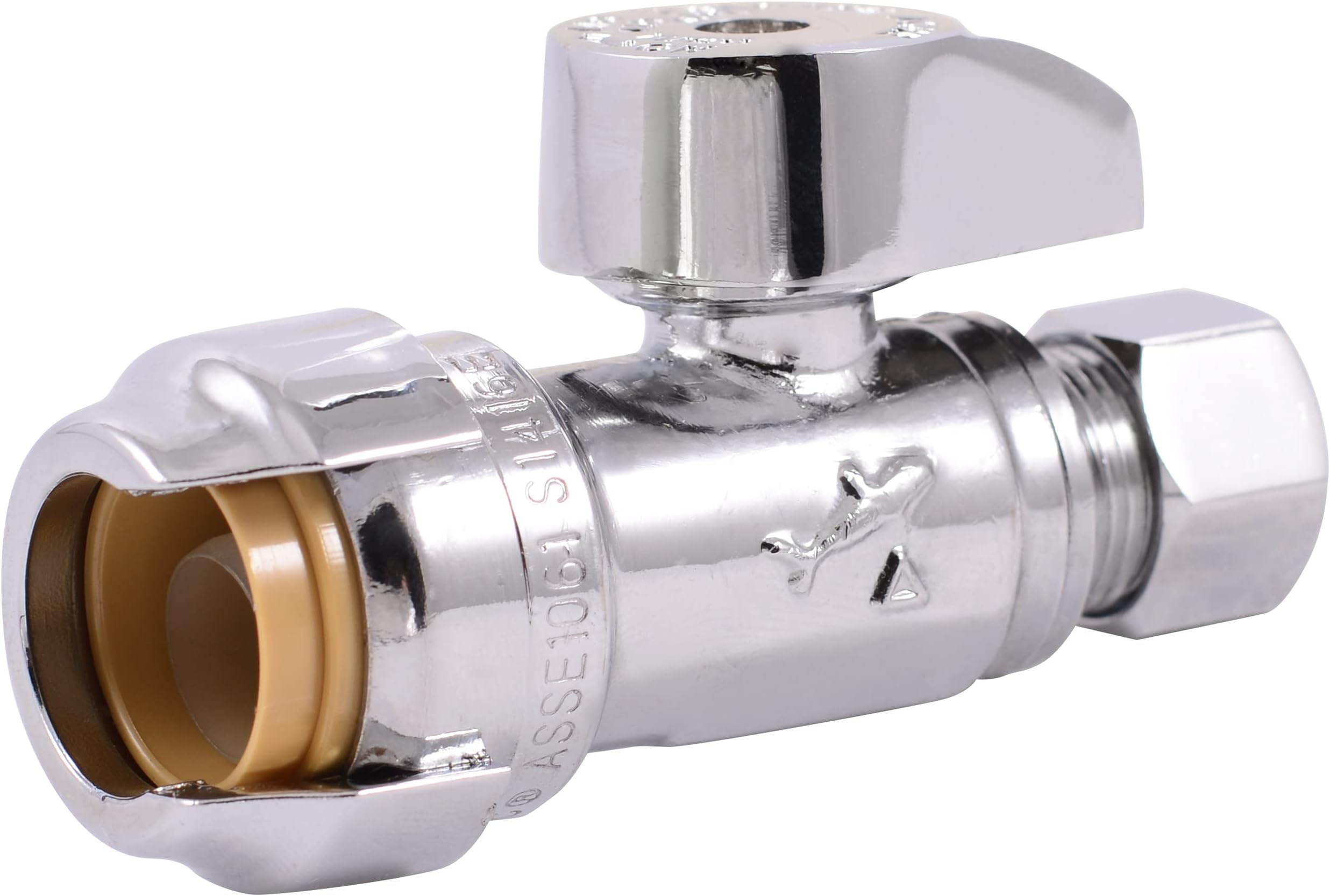 1/2 x 3/8 Inch Compression Straight Stop Valve, Quarter Turn, Push to Connect Brass Plumbing Fitting, PEX Pipe, Copper, CPVC, PE-RT, HDPE, 23037-0000LF
